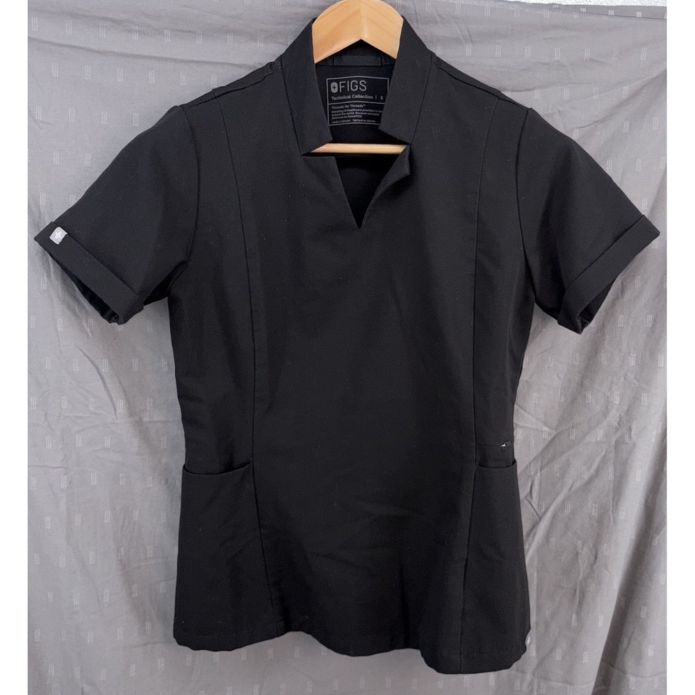 FIGS Black Inala Slim Scrub Top Mandarin Collar 3 Pocket Women's Small Onyx - Picture 2 of 8
